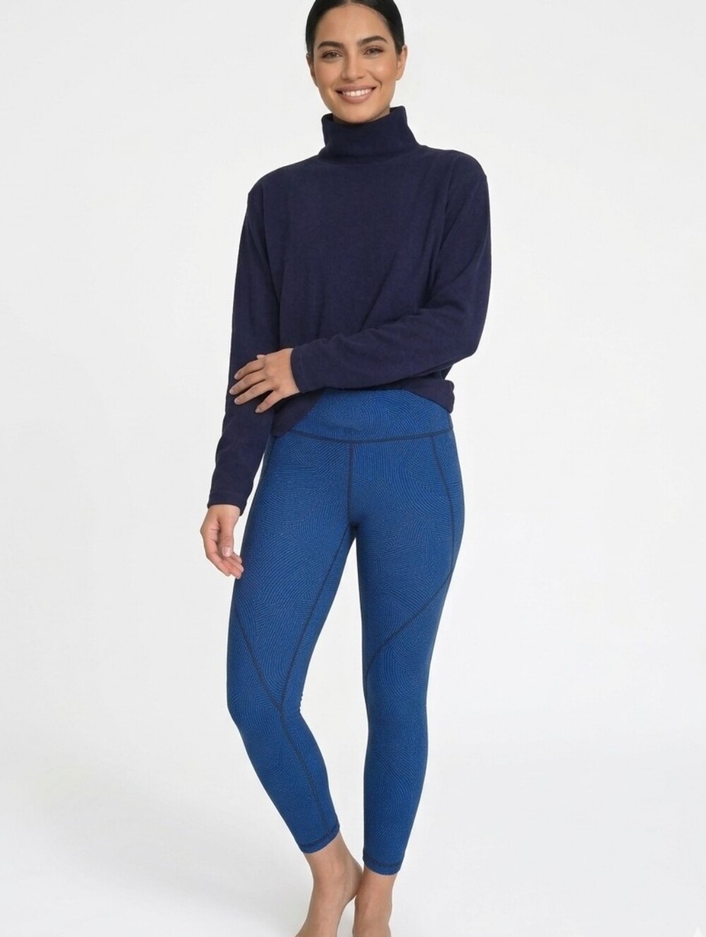 Patagonia Activewear Set - Navy Fleece Mock Neck Sweater & Blue Patterned Pants